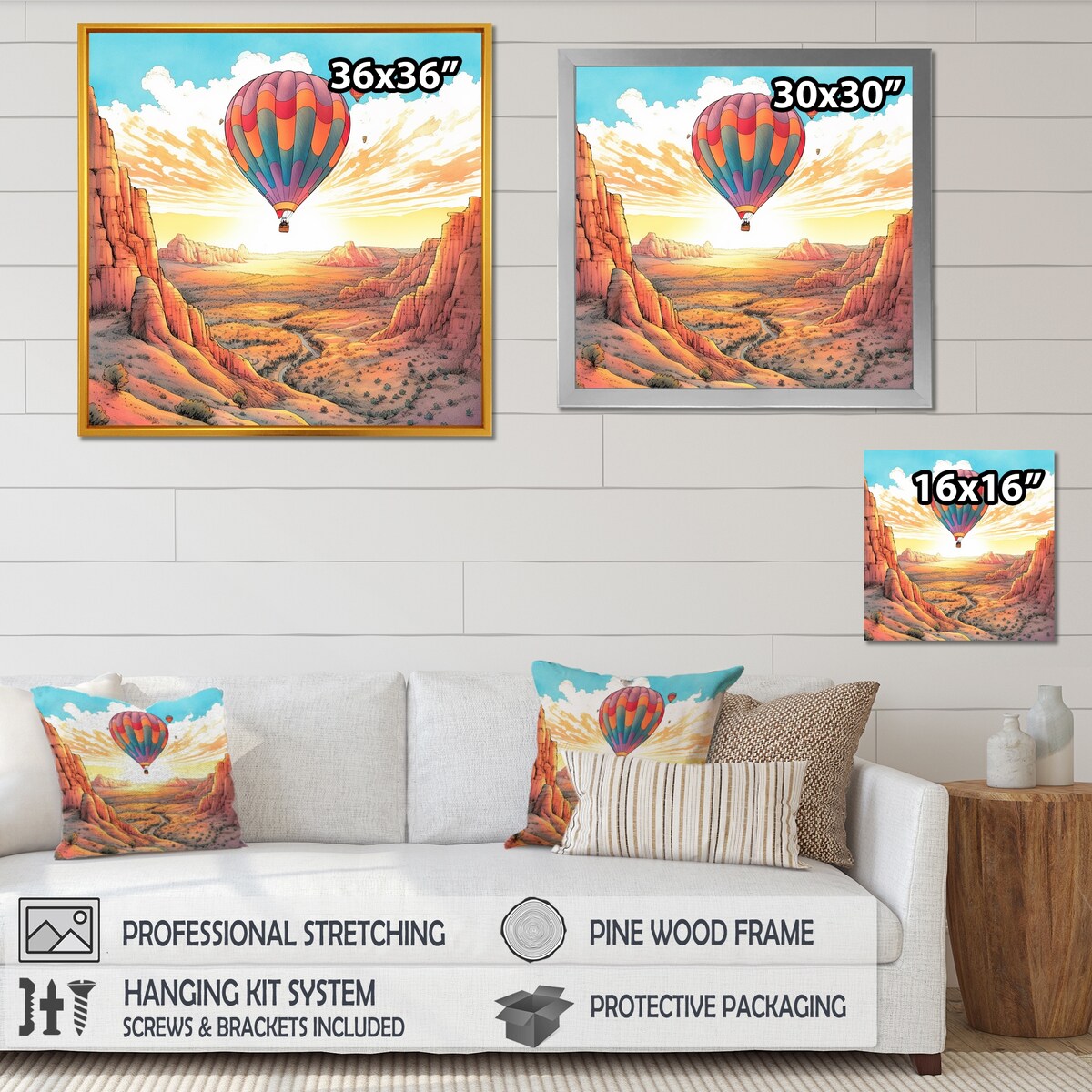 Designart "Floating Dessert Dreamscape Hot Air Balloon I" Hot Air Balloon Framed Canvas Prints