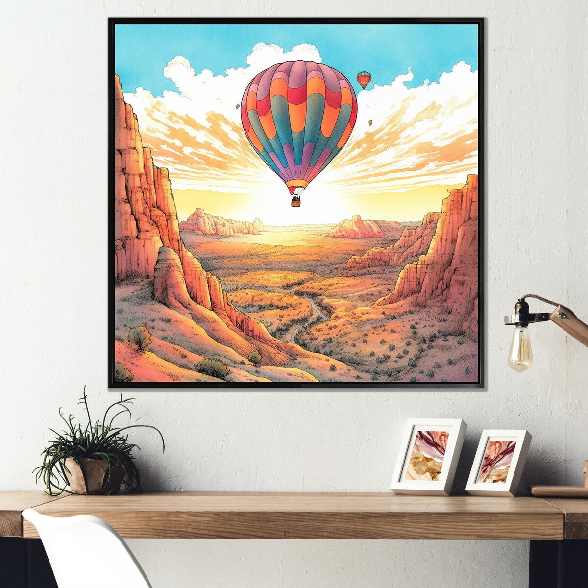 Designart "Floating Dessert Dreamscape Hot Air Balloon I" Hot Air Balloon Framed Canvas Prints