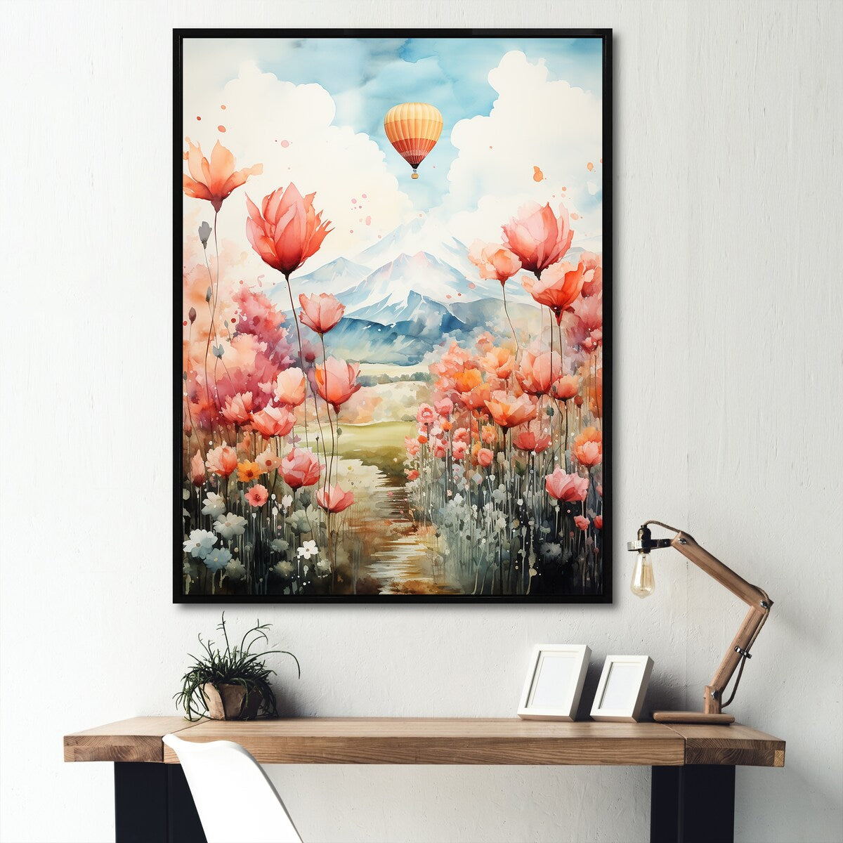 Designart "Floral Fields Hot Air Ballon Colorful Ascent" Hot Air Balloon Framed Canvas Wall Art