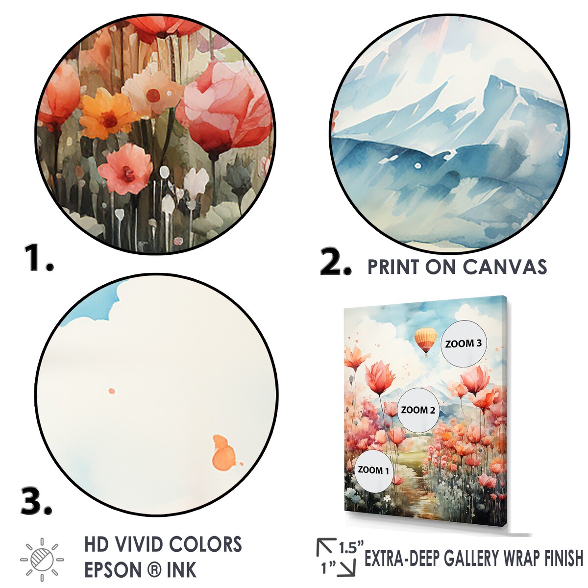 Designart "Floral Fields Hot Air Ballon Colorful Ascent" Hot Air Balloon Framed Canvas Wall Art