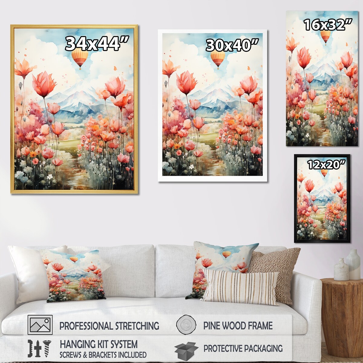 Designart "Floral Fields Hot Air Ballon Colorful Ascent" Hot Air Balloon Framed Canvas Wall Art