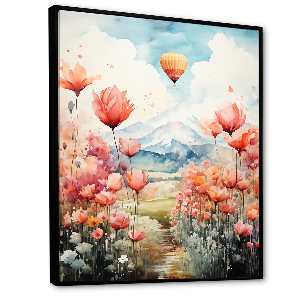 Designart "Floral Fields Hot Air Ballon Colorful Ascent" Hot Air Balloon Framed Canvas Wall Art
