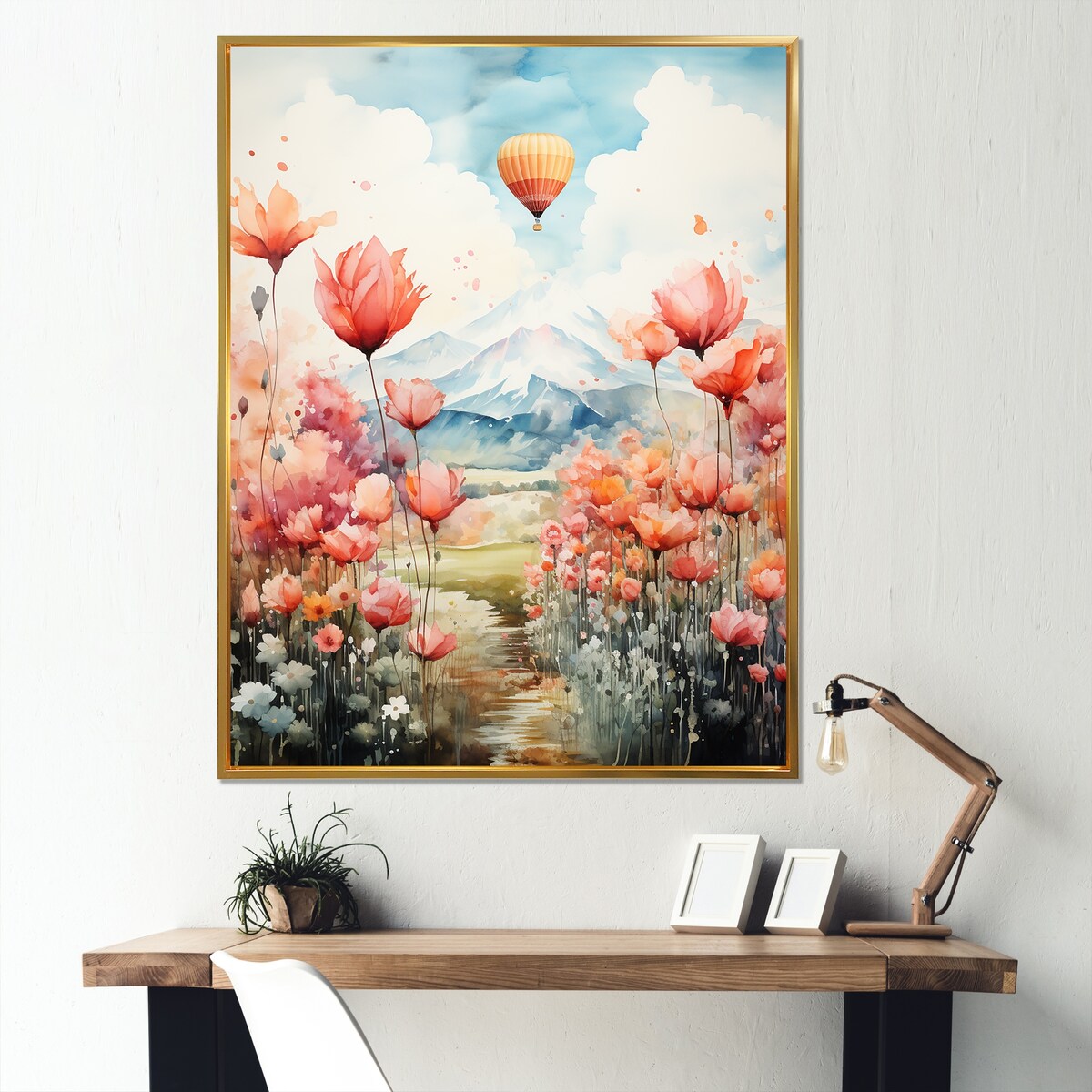 Designart "Floral Fields Hot Air Ballon Colorful Ascent" Hot Air Balloon Framed Canvas Wall Art