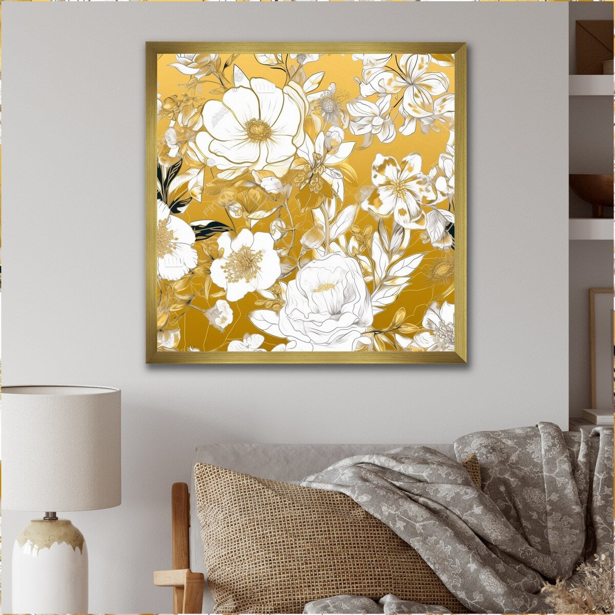 Designart "Floral Gold Glam Blossoming Wild White Roses" Rose Framed Wall Art Prints