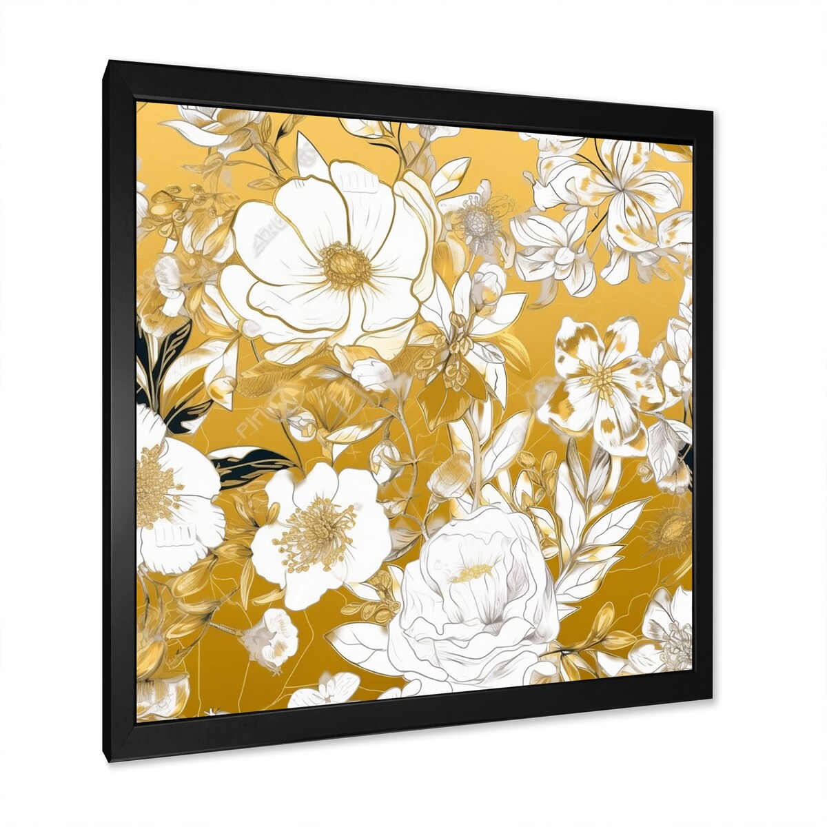 Designart "Floral Gold Glam Blossoming Wild White Roses" Rose Framed Wall Art Prints