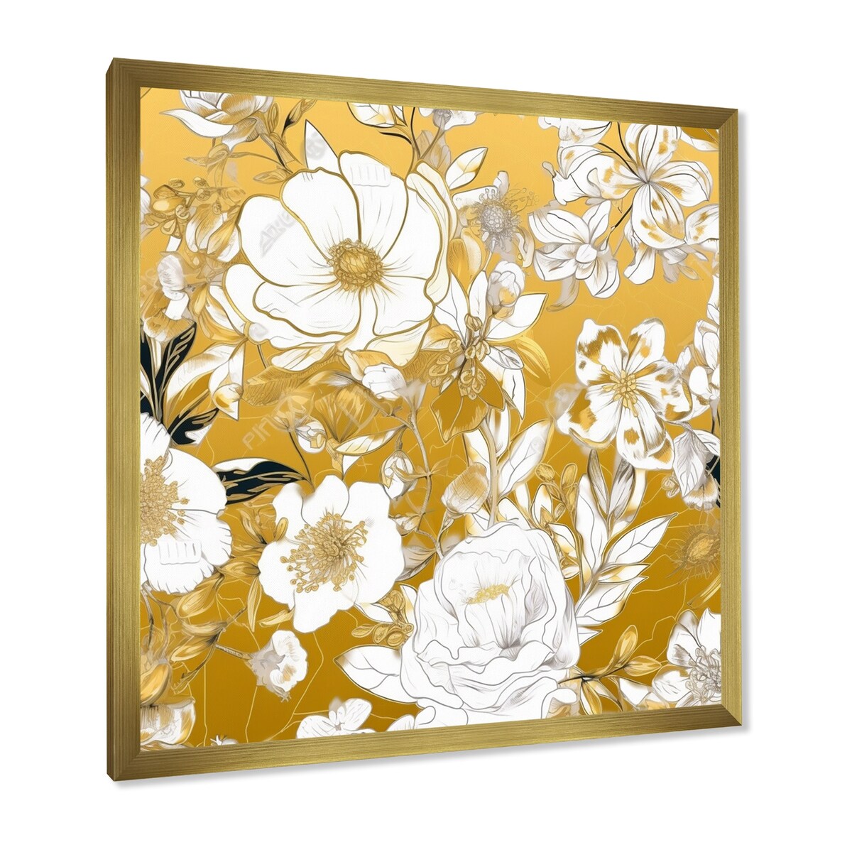 Designart "Floral Gold Glam Blossoming Wild White Roses" Rose Framed Wall Art Prints