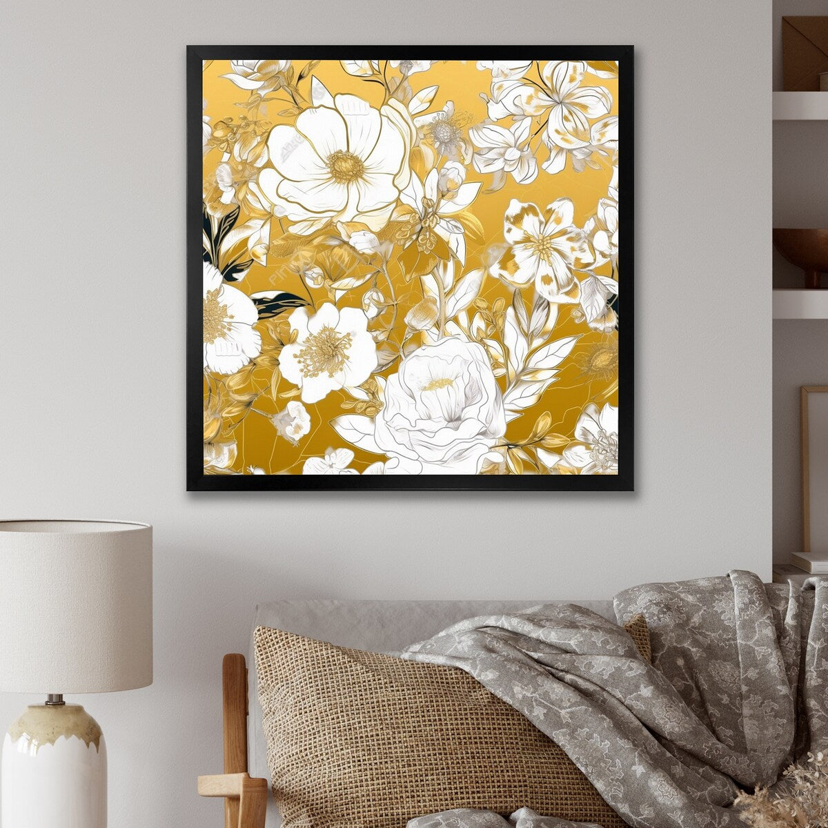 Designart "Floral Gold Glam Blossoming Wild White Roses" Rose Framed Wall Art Prints