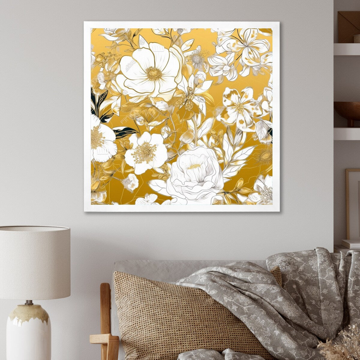 Designart "Floral Gold Glam Blossoming Wild White Roses" Rose Framed Wall Art Prints