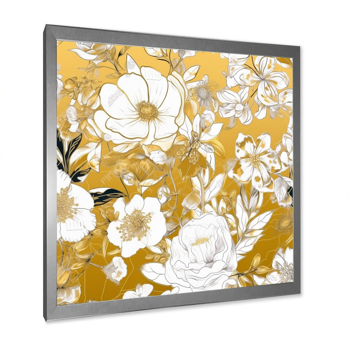 Designart "Floral Gold Glam Blossoming Wild White Roses" Rose Framed Wall Art Prints