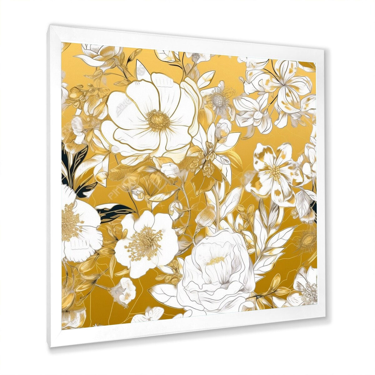 Designart "Floral Gold Glam Blossoming Wild White Roses" Rose Framed Wall Art Prints