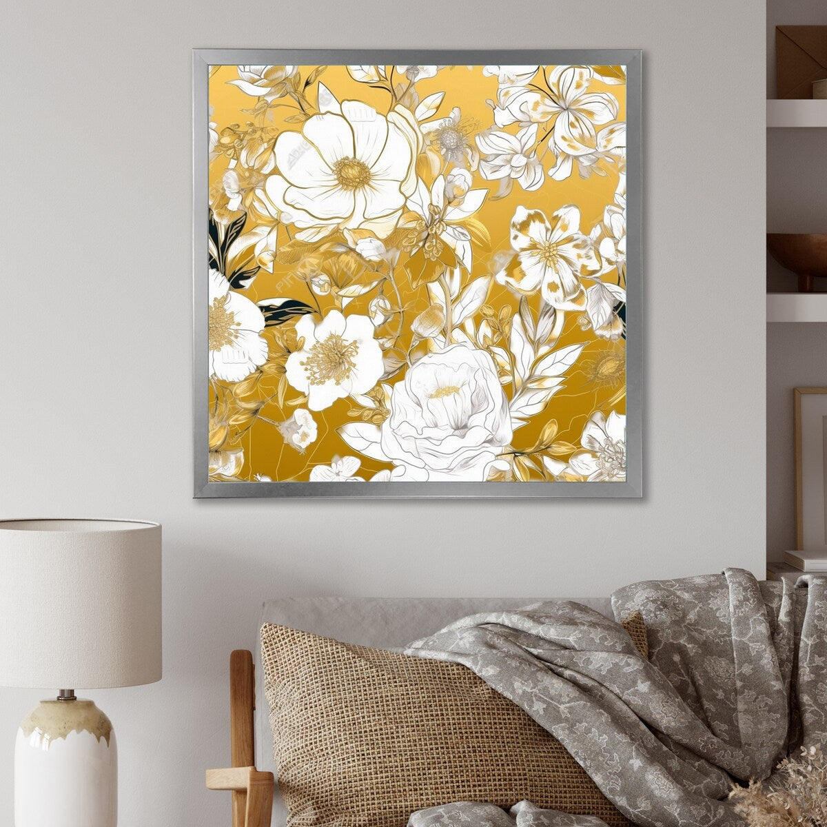 Designart "Floral Gold Glam Blossoming Wild White Roses" Rose Framed Wall Art Prints