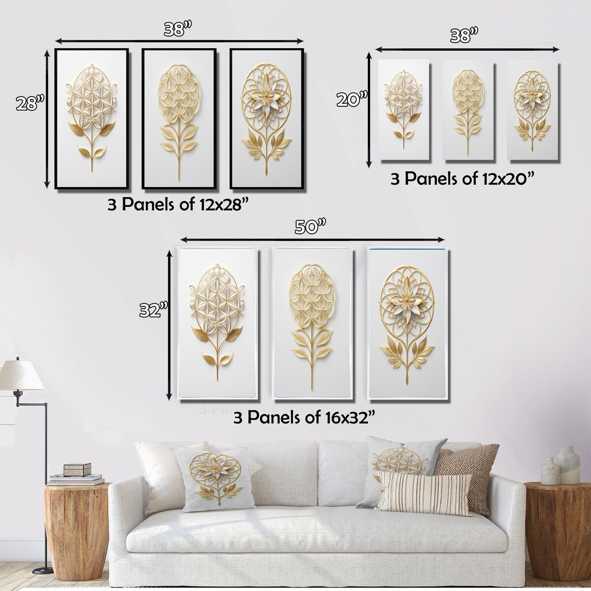 Designart "Flower Of Life Golden Elegance II" Abstract Botanicals Wall Art Set Of 3 - Modern Printed Art Set For Bedroom