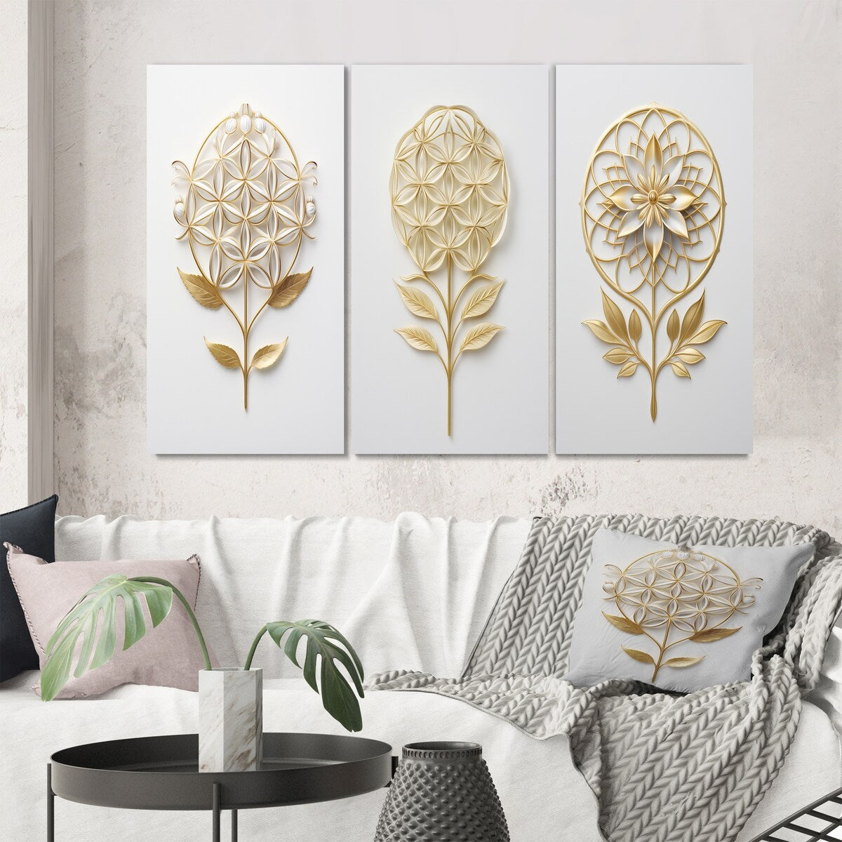Designart "Flower Of Life Golden Elegance II" Abstract Botanicals Wall Art Set Of 3 - Modern Printed Art Set For Bedroom