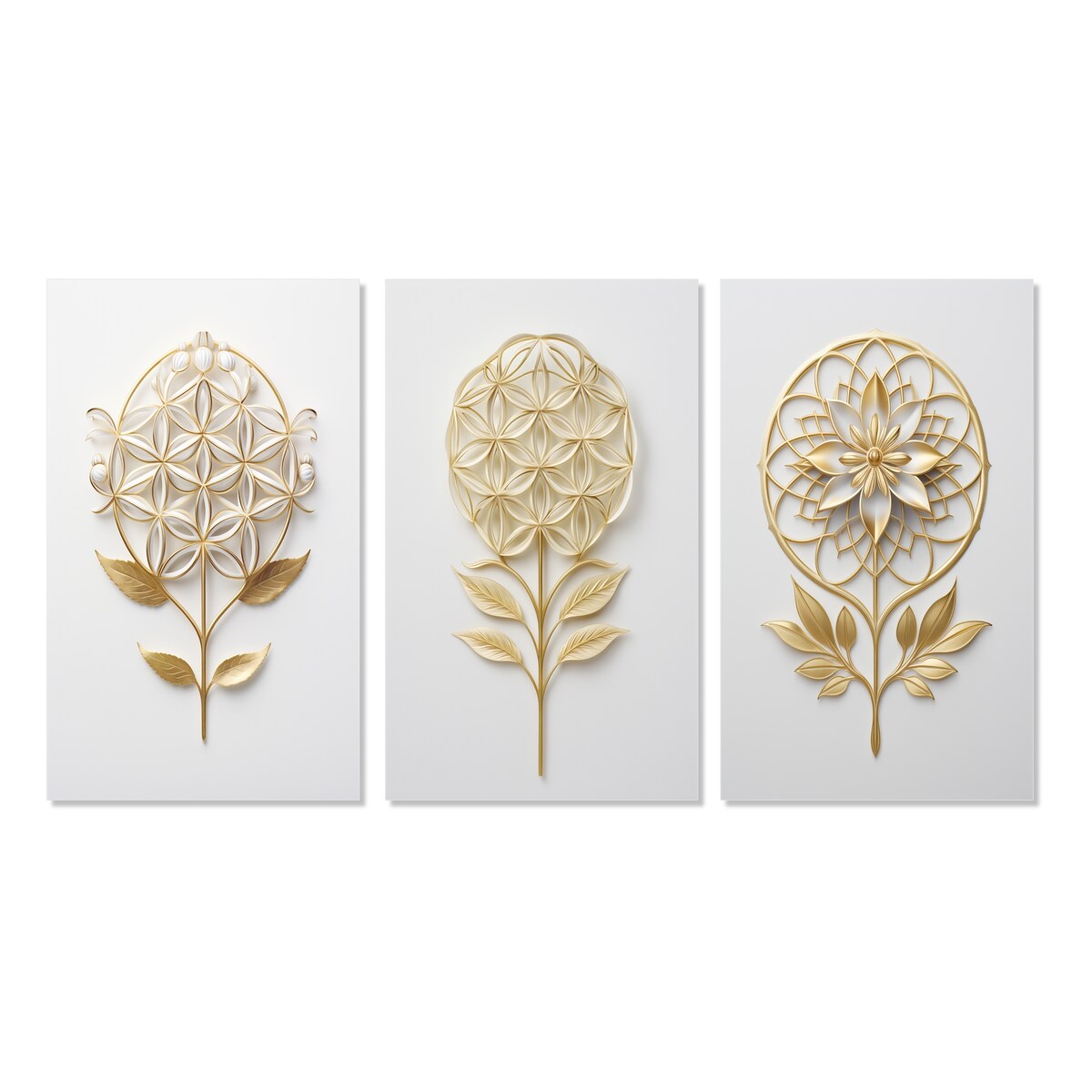 Designart "Flower Of Life Golden Elegance II" Abstract Botanicals Wall Art Set Of 3 - Modern Printed Art Set For Bedroom