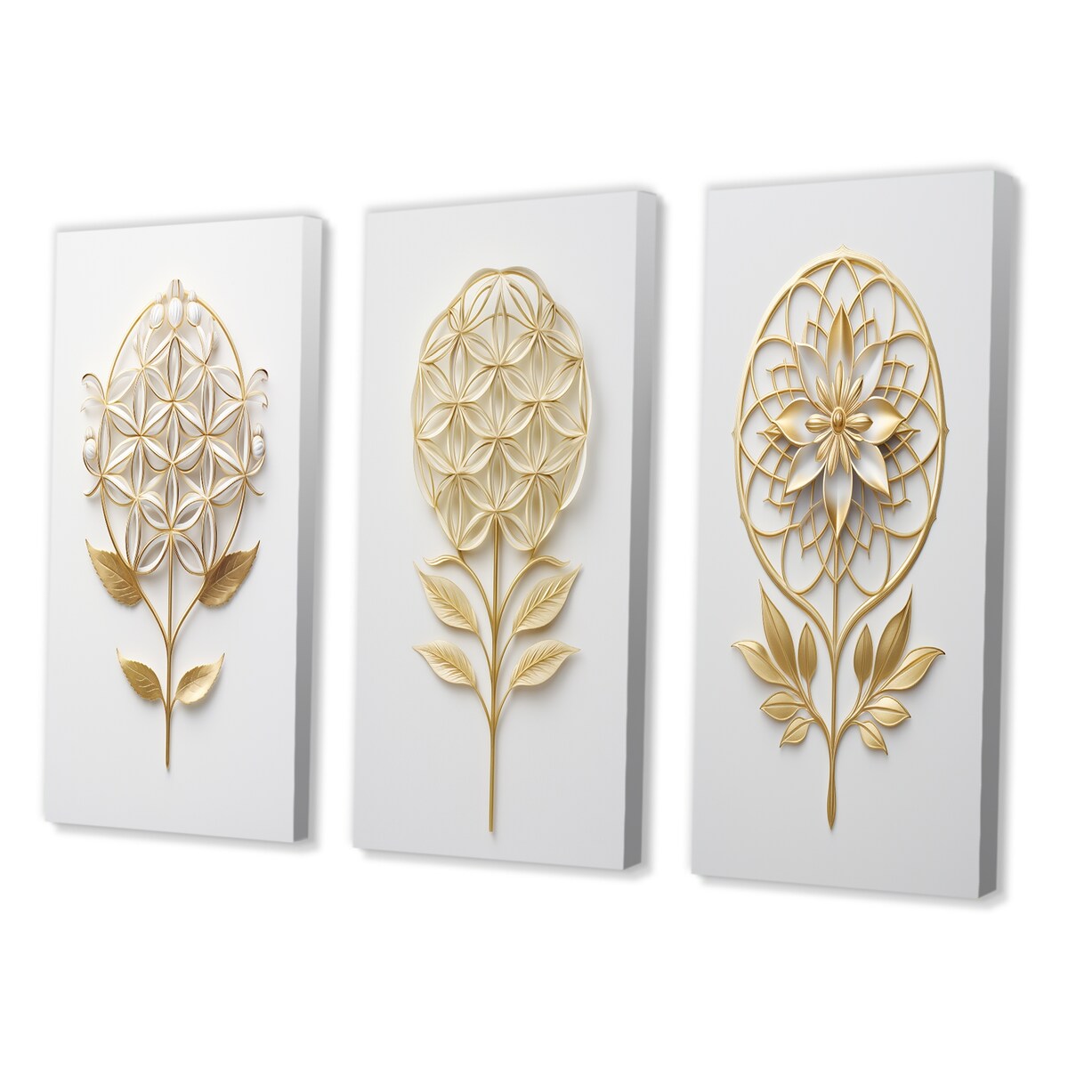 Designart "Flower Of Life Golden Elegance II" Abstract Botanicals Wall Art Set Of 3 - Modern Printed Art Set For Bedroom