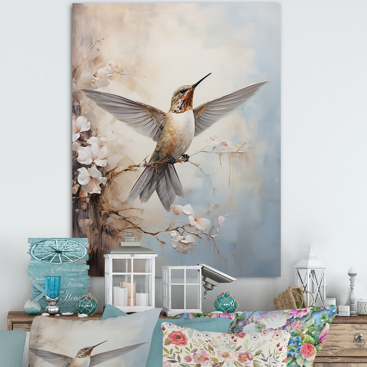 Designart "Fluttering Floral Hummingbird " Hummingbird Animal Wall Art