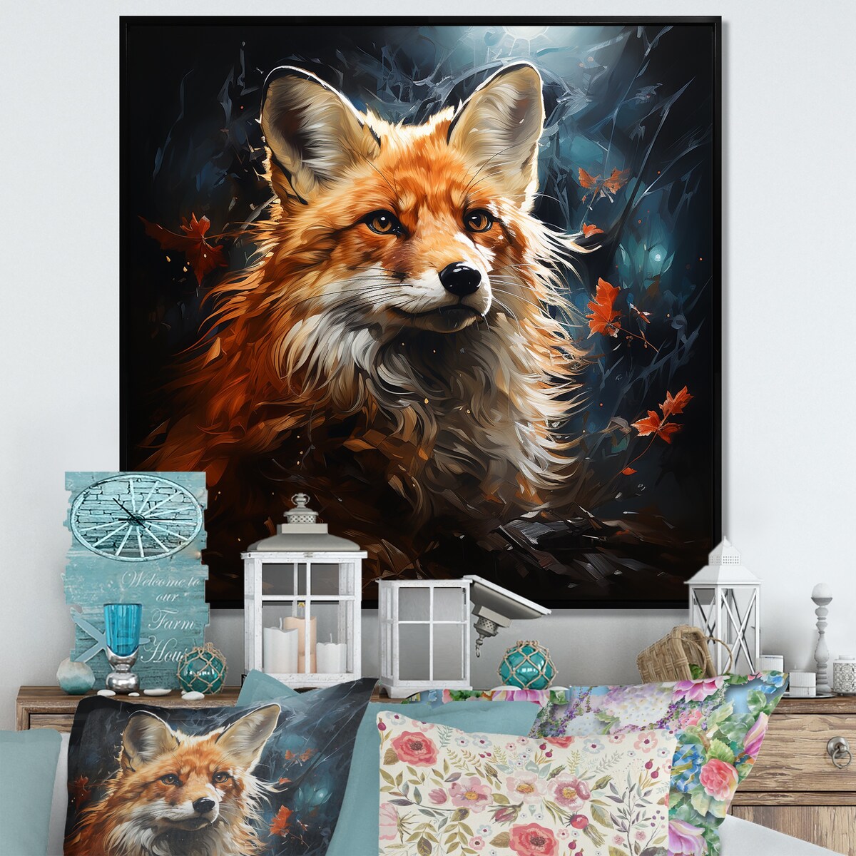 Designart "Fox Photo In Autuman IV" Fox Blue Wall Decor - Modern Bedroom Framed Canvas Wall Art