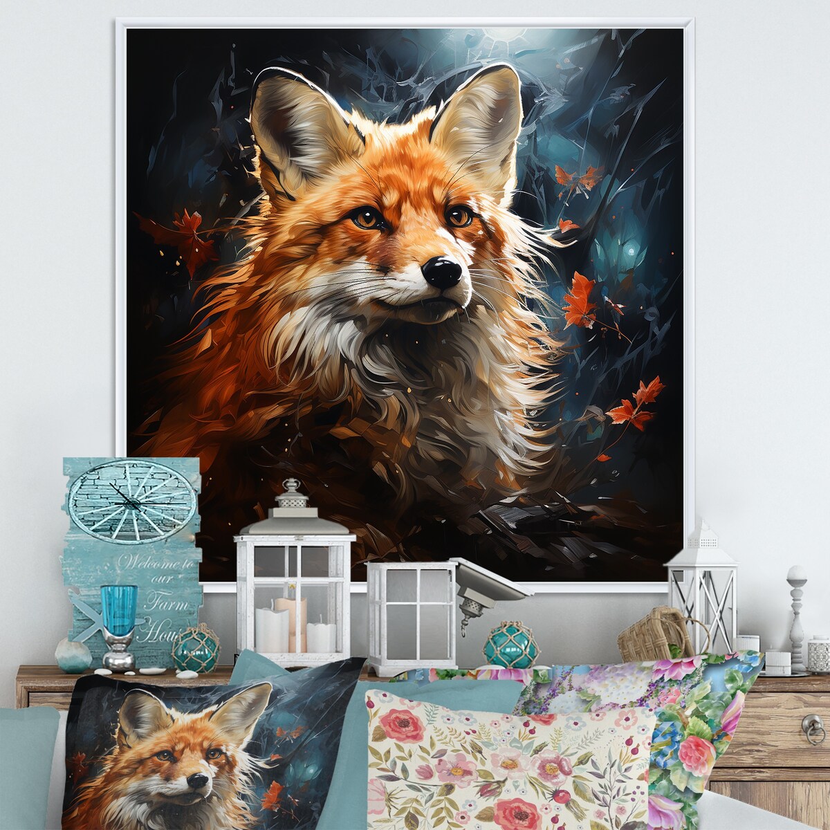 Designart "Fox Photo In Autuman IV" Fox Blue Wall Decor - Modern Bedroom Framed Canvas Wall Art
