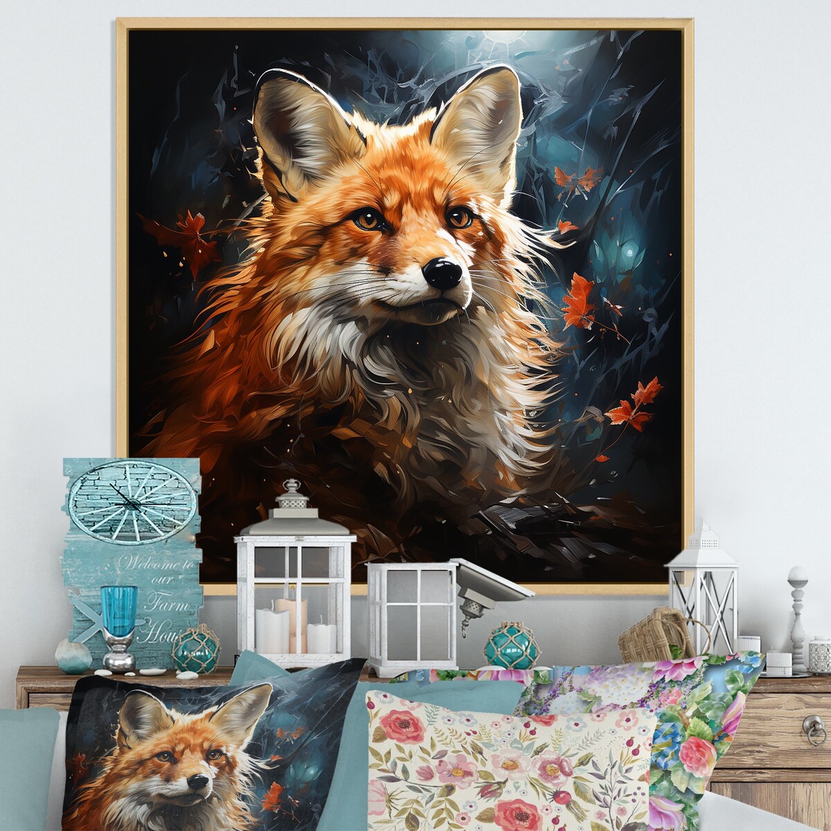 Designart "Fox Photo In Autuman IV" Fox Blue Wall Decor - Modern Bedroom Framed Canvas Wall Art