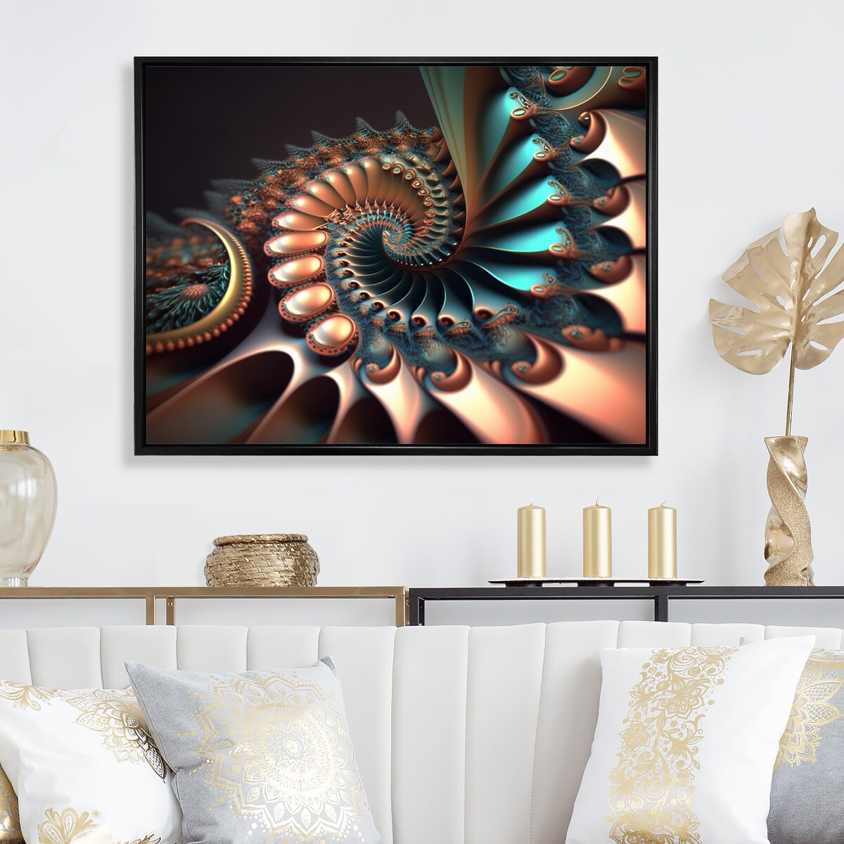 Designart "Fractal Wave In Turquoise And Gold II" Modern Geometric Framed Canvas Wall Art Print