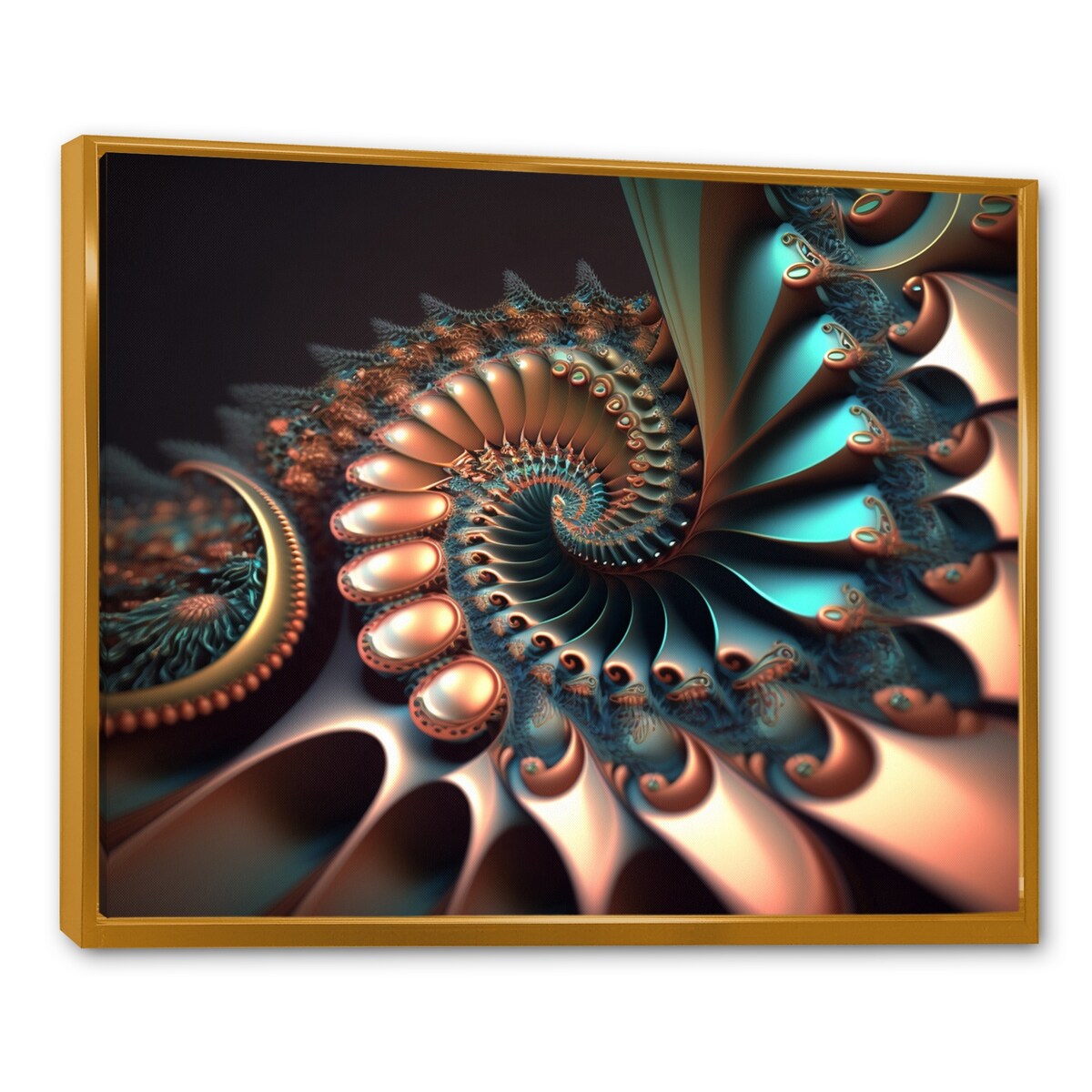 Designart "Fractal Wave In Turquoise And Gold II" Modern Geometric Framed Canvas Wall Art Print