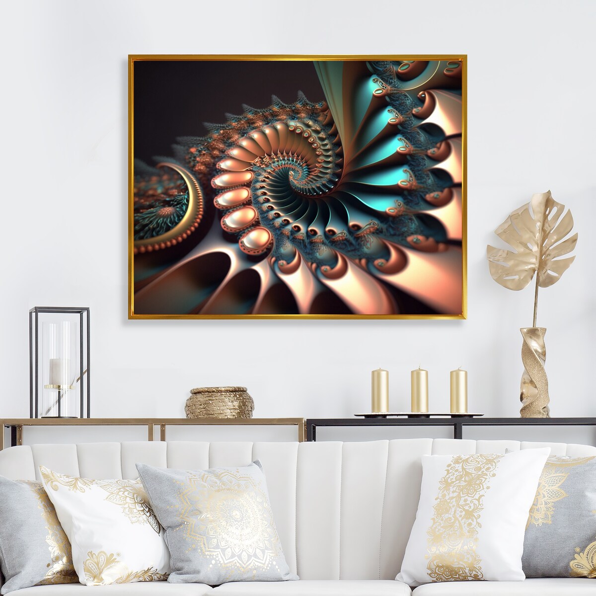 Designart "Fractal Wave In Turquoise And Gold II" Modern Geometric Framed Canvas Wall Art Print