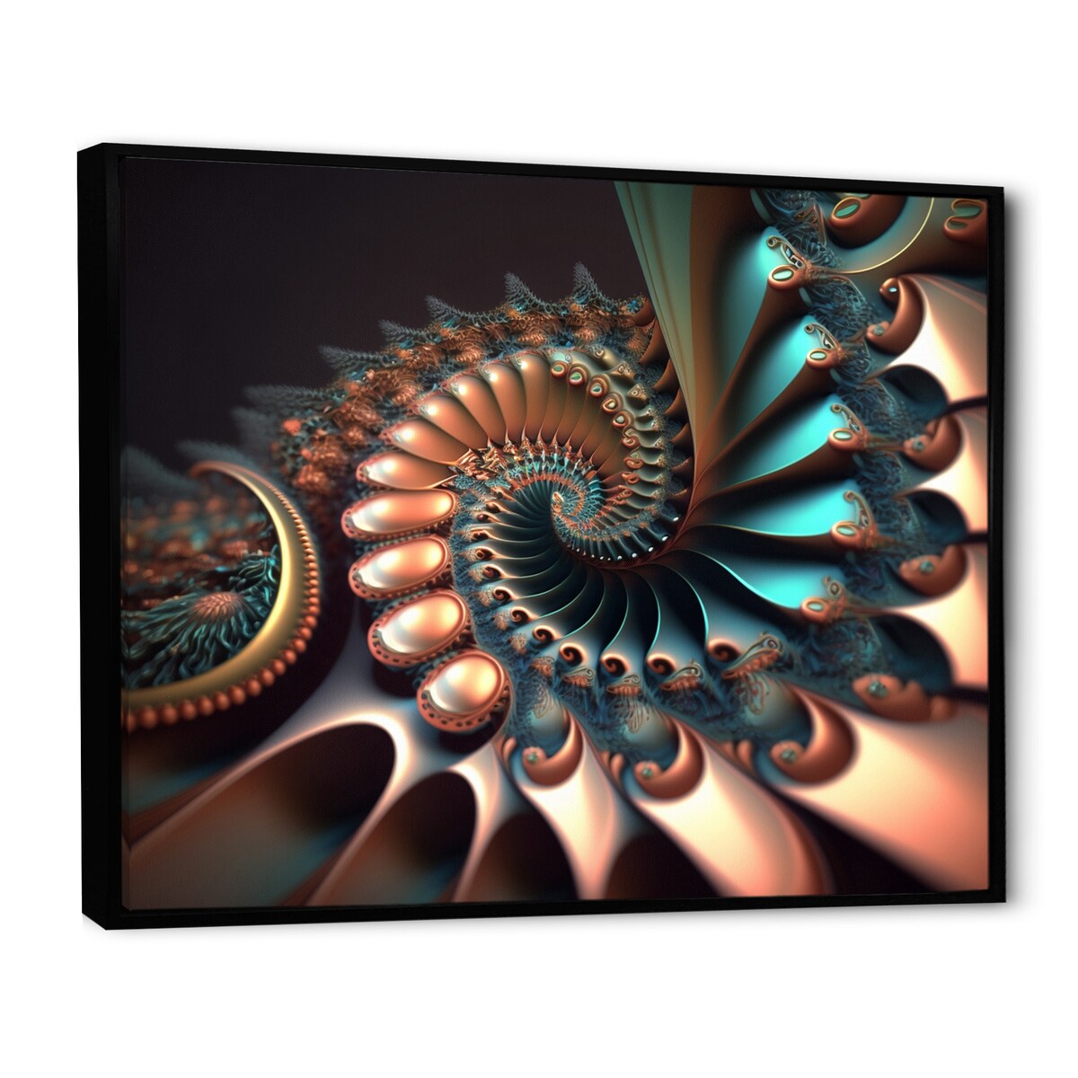 Designart "Fractal Wave In Turquoise And Gold II" Modern Geometric Framed Canvas Wall Art Print
