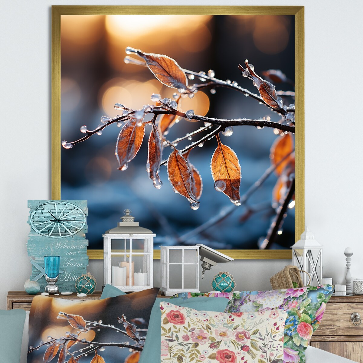 Designart "Frosted Leaves Winter Serenade II" Fruits Wall Decor Yellow Traditional Entryway Framed Wall Art Print