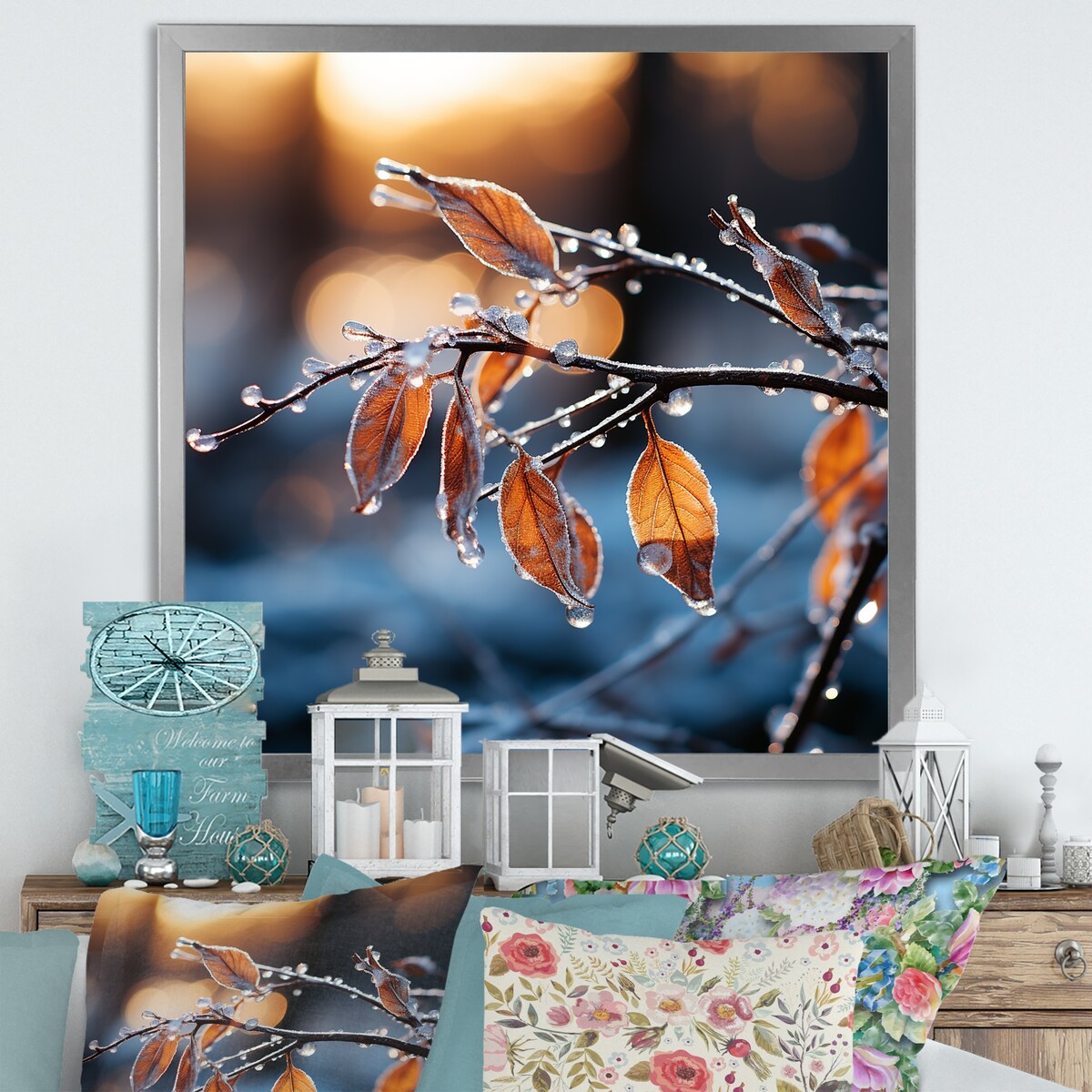 Designart "Frosted Leaves Winter Serenade II" Fruits Wall Decor Yellow Traditional Entryway Framed Wall Art Print