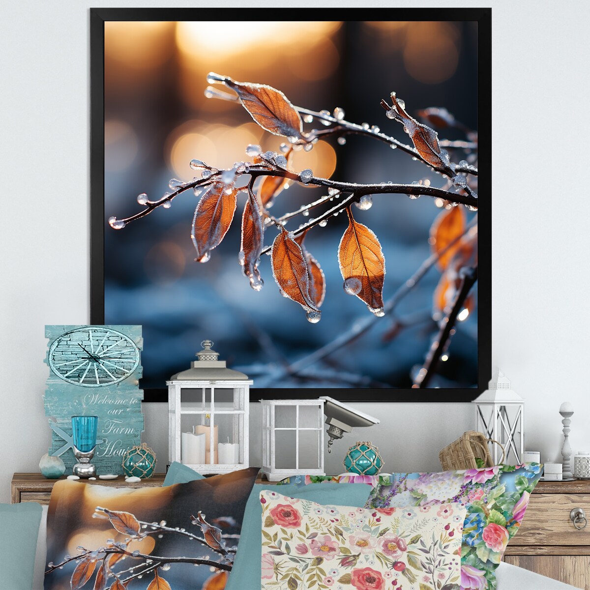 Designart "Frosted Leaves Winter Serenade II" Fruits Wall Decor Yellow Traditional Entryway Framed Wall Art Print