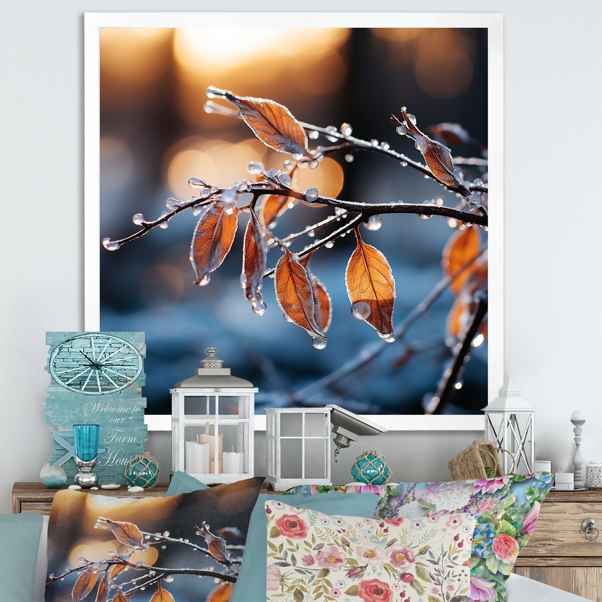 Designart "Frosted Leaves Winter Serenade II" Fruits Wall Decor Yellow Traditional Entryway Framed Wall Art Print
