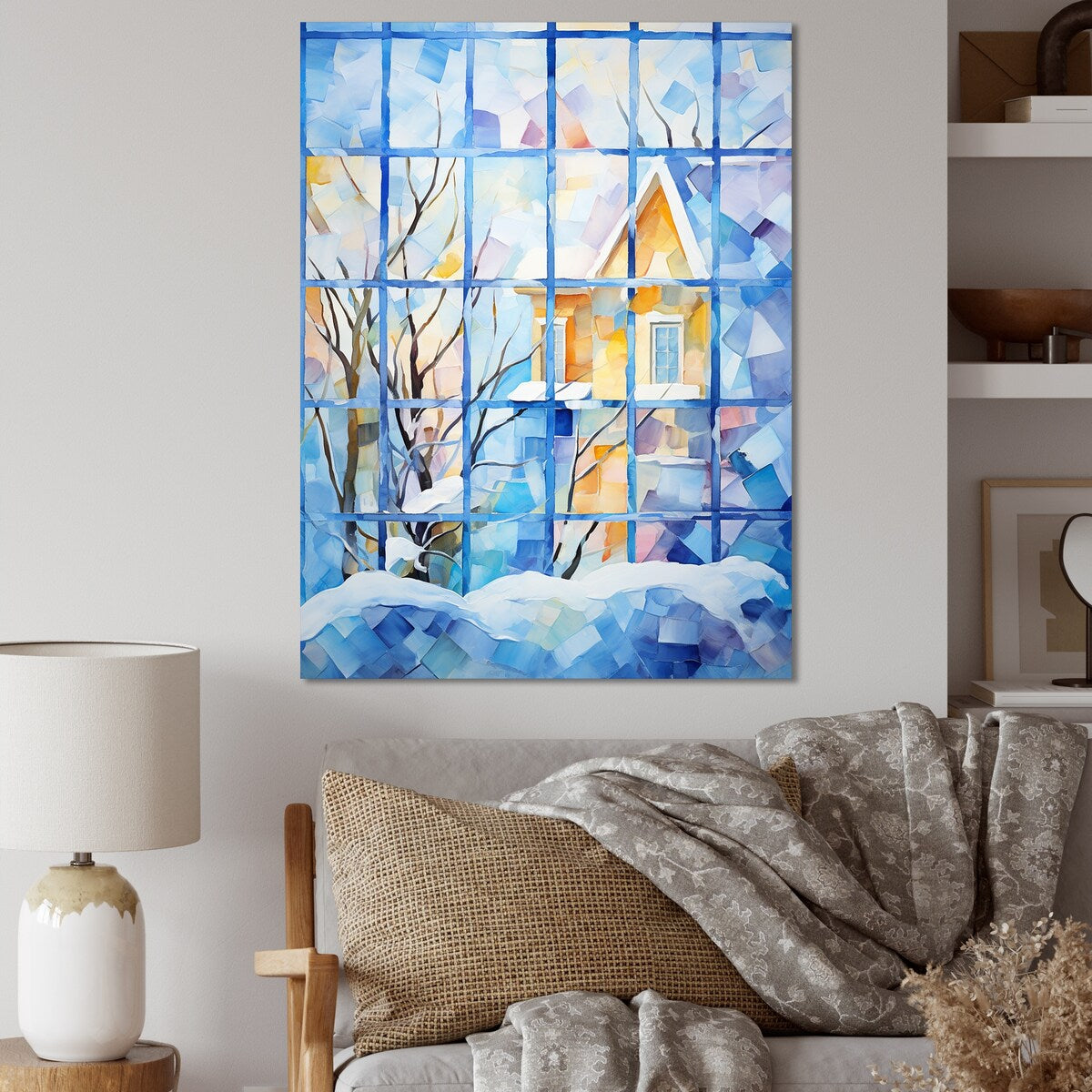 Designart "Frosty Winter Windows" Winter Landscape Wall Art White - Traditional Wrapped Canvas For Hallway Décor