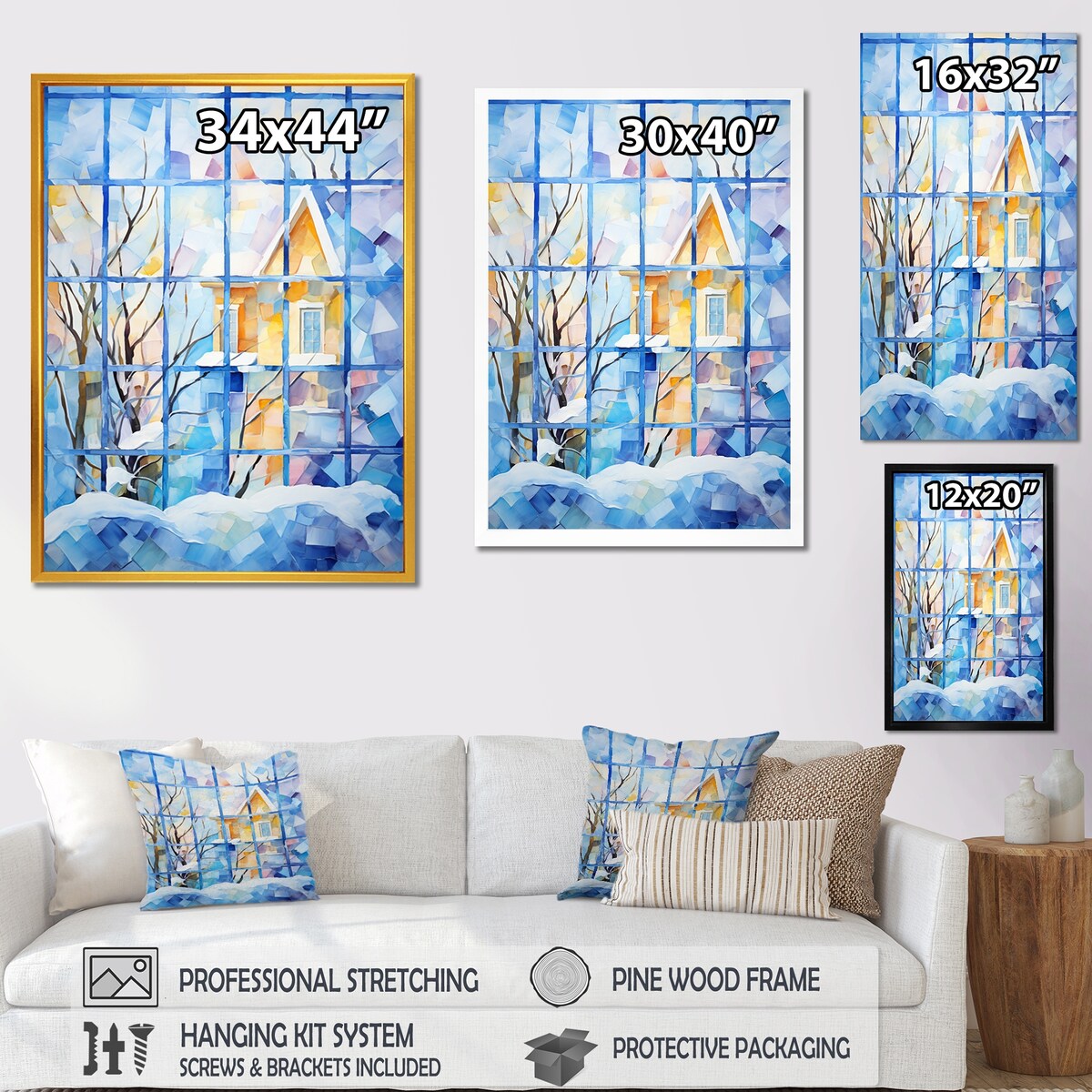 Designart "Frosty Winter Windows" Winter Landscape Wall Art White - Traditional Wrapped Canvas For Hallway Décor