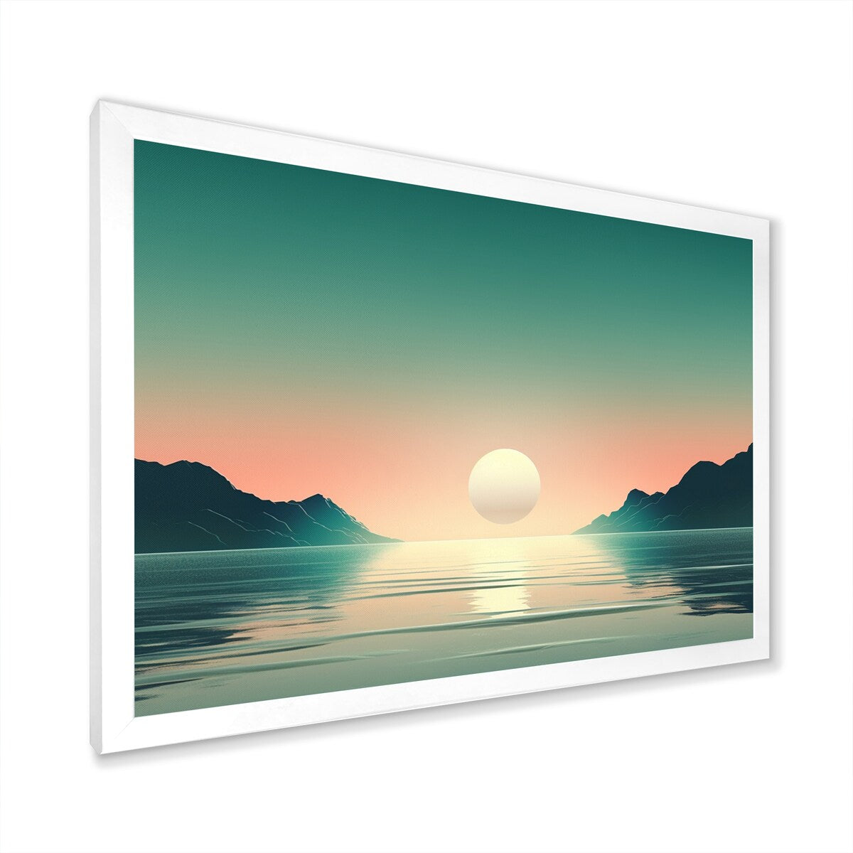 Designart "Full Moon Rising Ocean Minimalism In Retro Blue I" Beach Framed Canvas Art Print