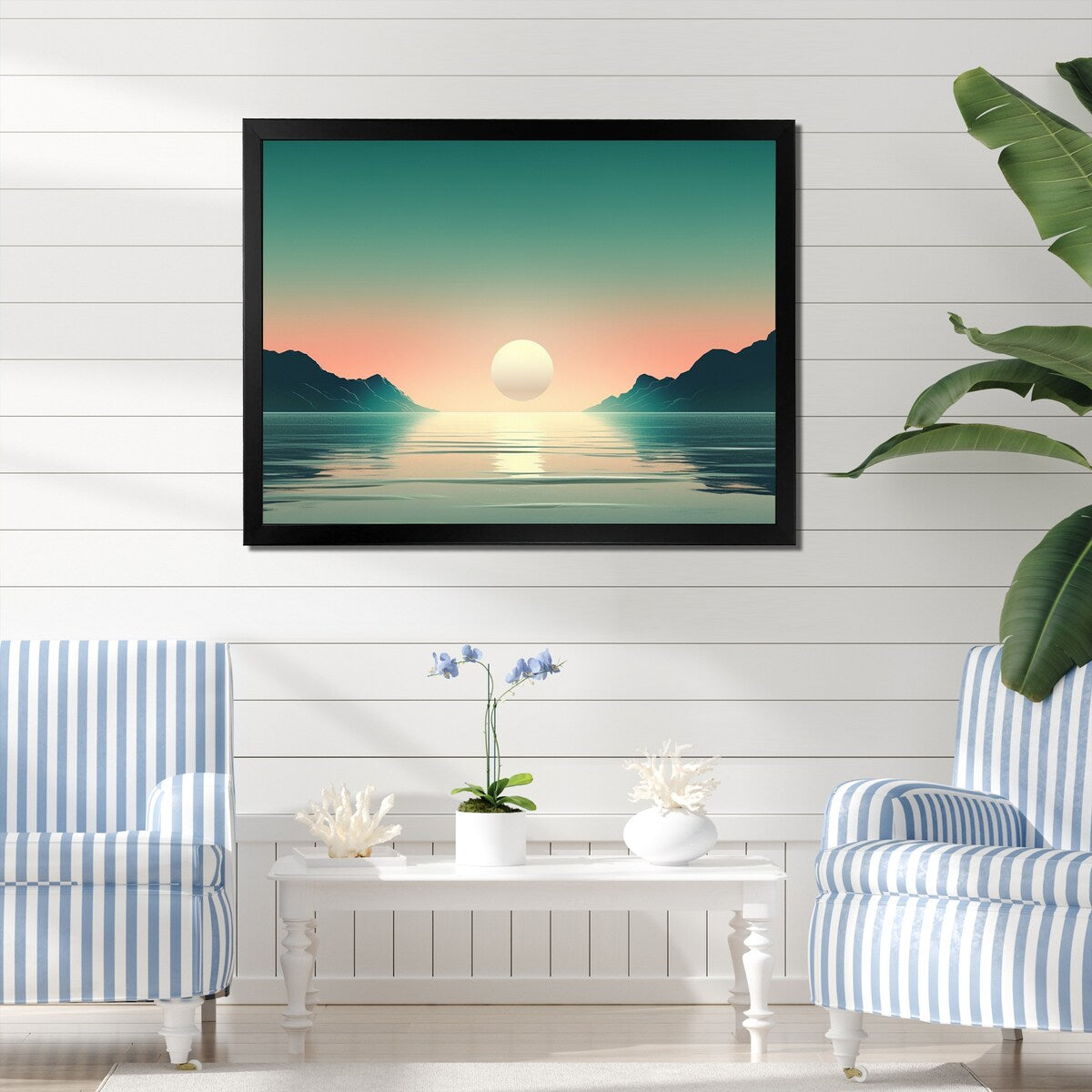 Designart "Full Moon Rising Ocean Minimalism In Retro Blue I" Beach Framed Canvas Art Print