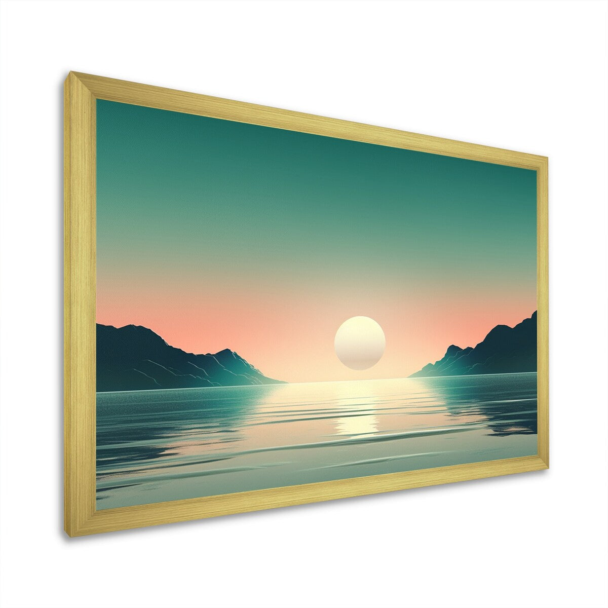 Designart "Full Moon Rising Ocean Minimalism In Retro Blue I" Beach Framed Canvas Art Print