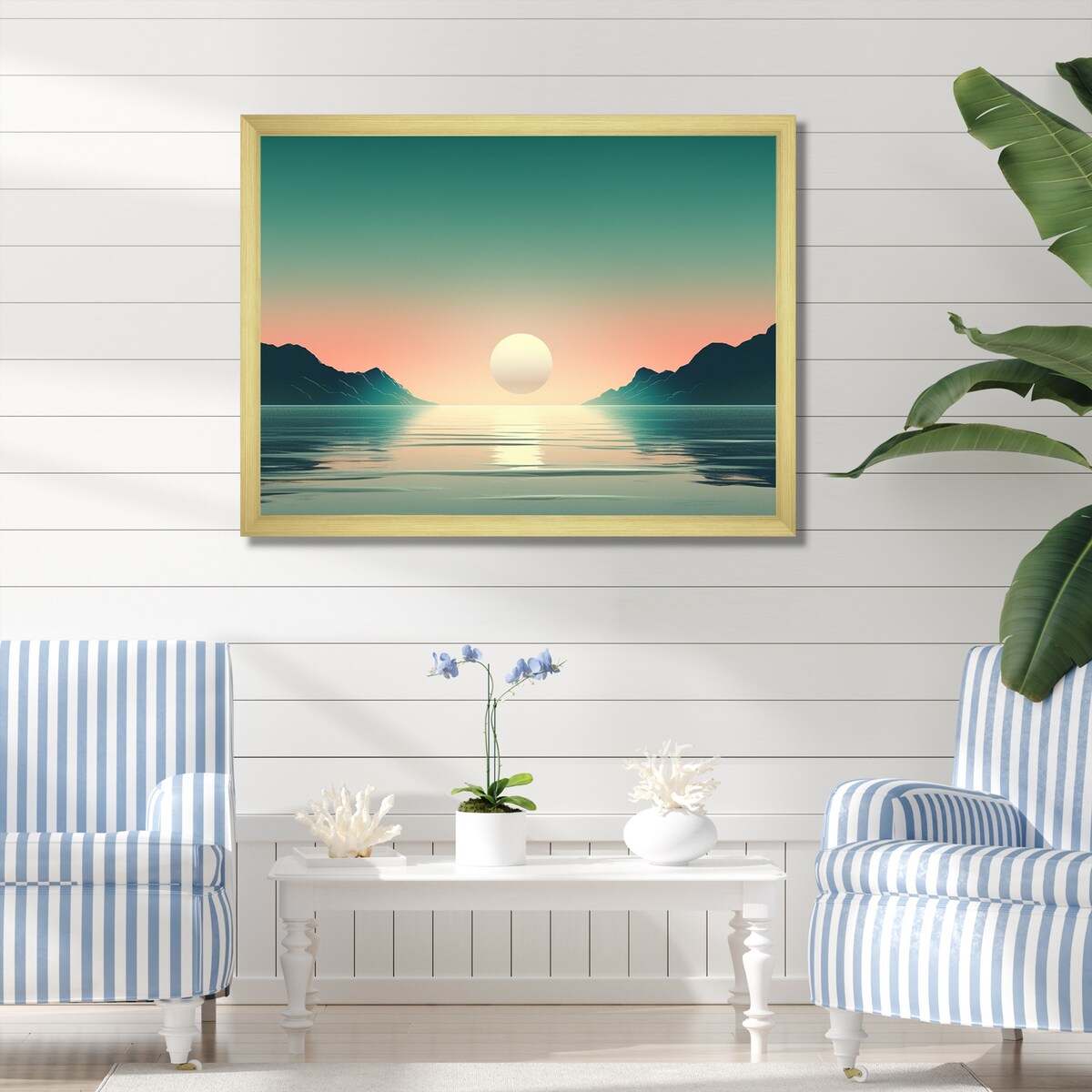 Designart "Full Moon Rising Ocean Minimalism In Retro Blue I" Beach Framed Canvas Art Print