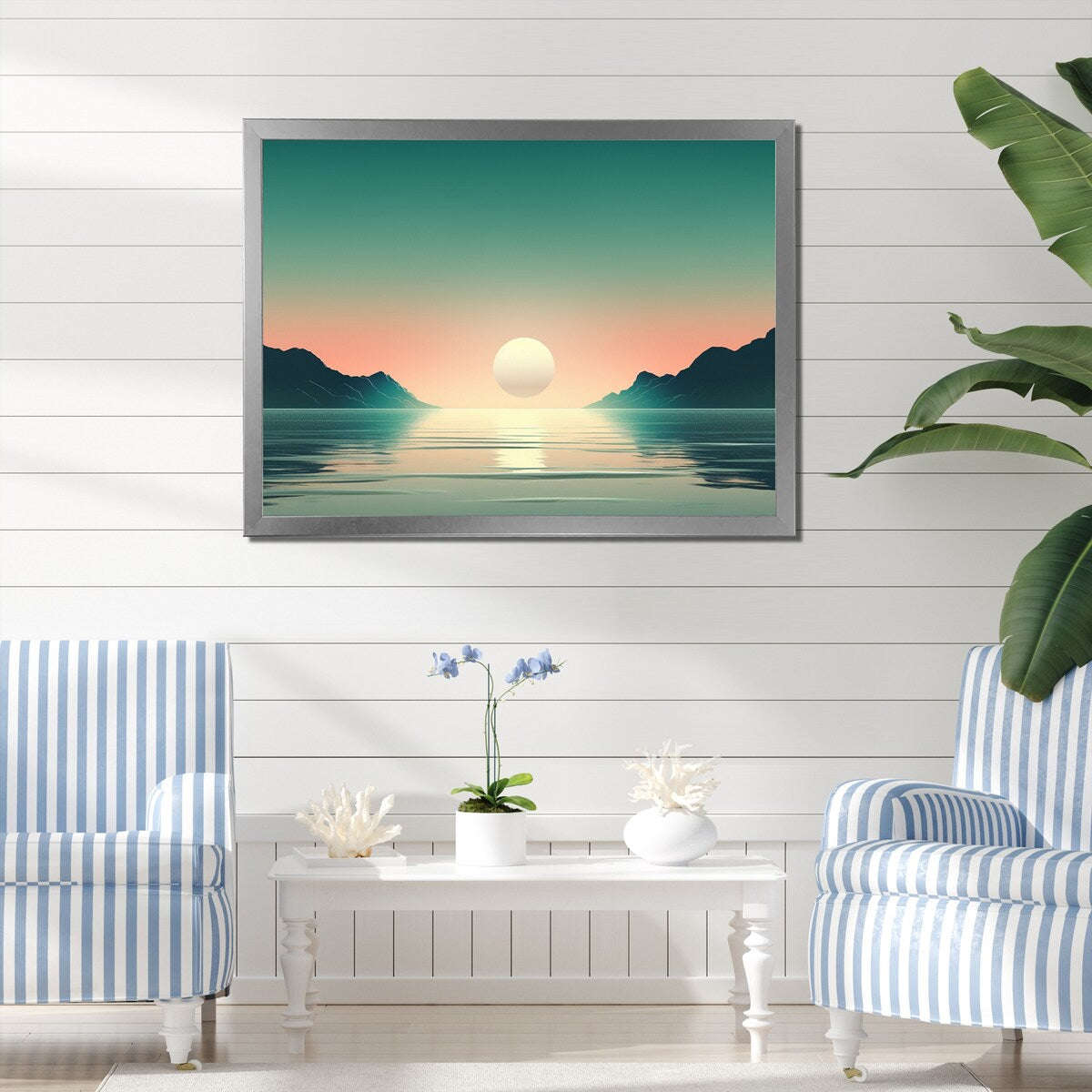 Designart "Full Moon Rising Ocean Minimalism In Retro Blue I" Beach Framed Canvas Art Print