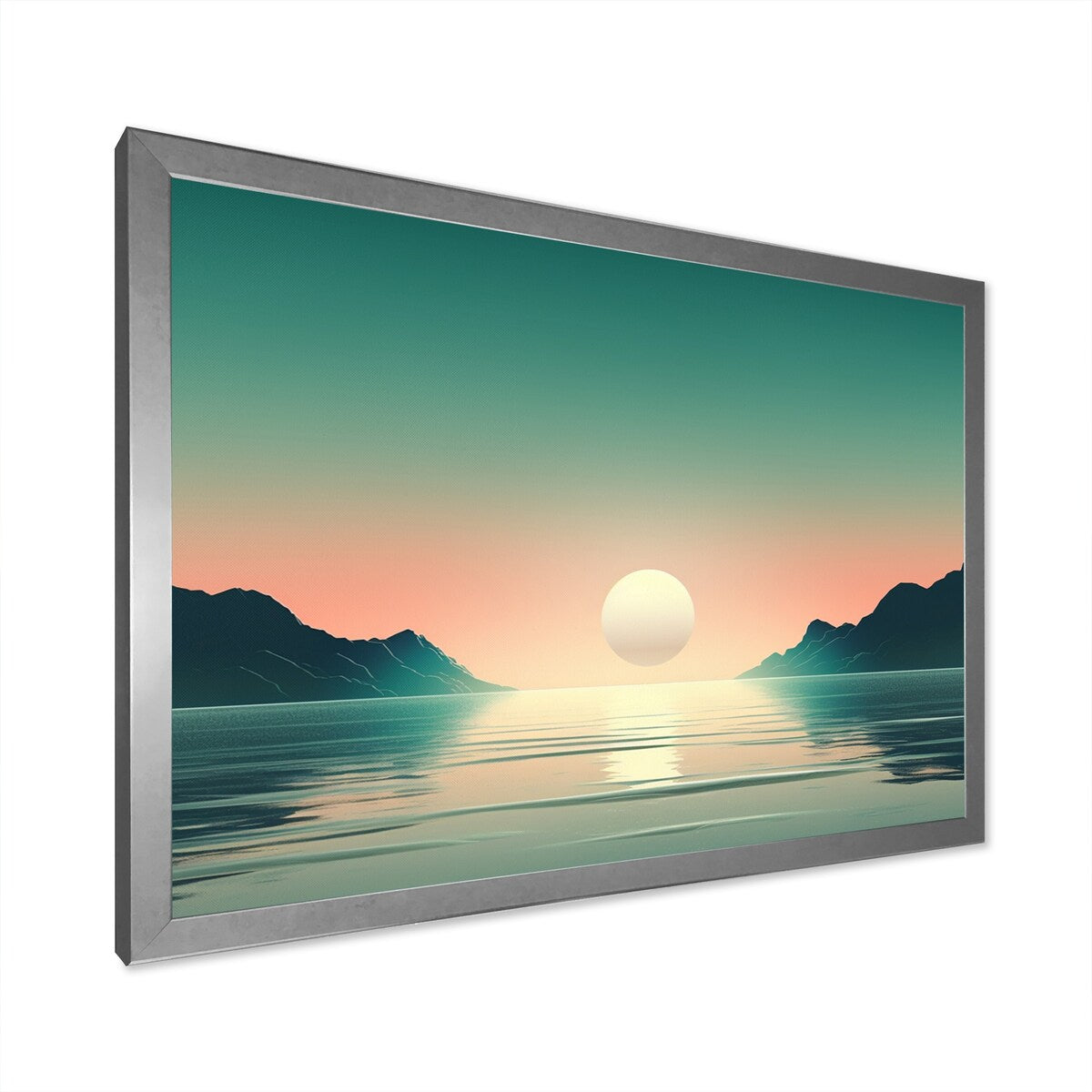 Designart "Full Moon Rising Ocean Minimalism In Retro Blue I" Beach Framed Canvas Art Print