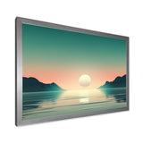 Designart "Full Moon Rising Ocean Minimalism In Retro Blue I" Beach Framed Canvas Art Print