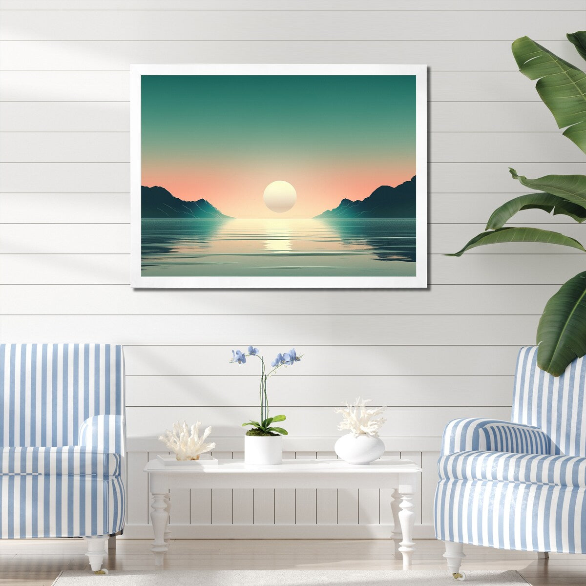 Designart "Full Moon Rising Ocean Minimalism In Retro Blue I" Beach Framed Canvas Art Print