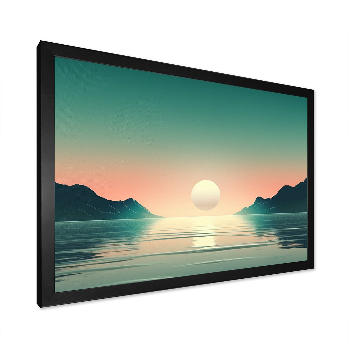 Designart "Full Moon Rising Ocean Minimalism In Retro Blue I" Beach Framed Canvas Art Print