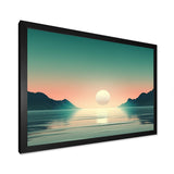 Designart "Full Moon Rising Ocean Minimalism In Retro Blue I" Beach Framed Canvas Art Print