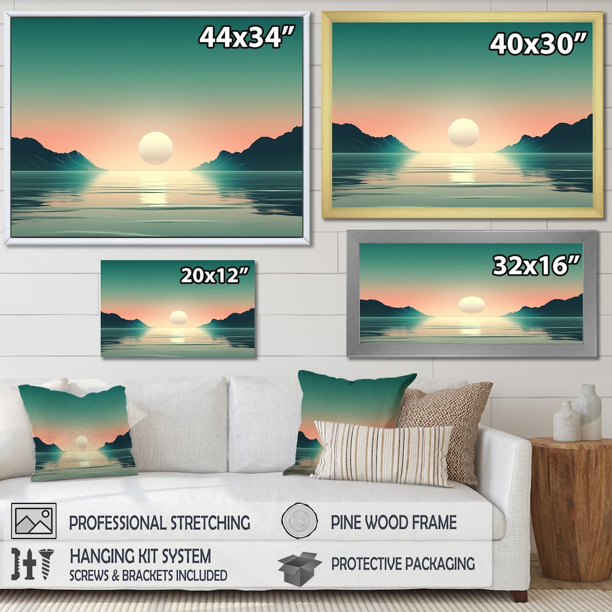 Designart "Full Moon Rising Ocean Minimalism In Retro Blue I" Beach Framed Canvas Art Print
