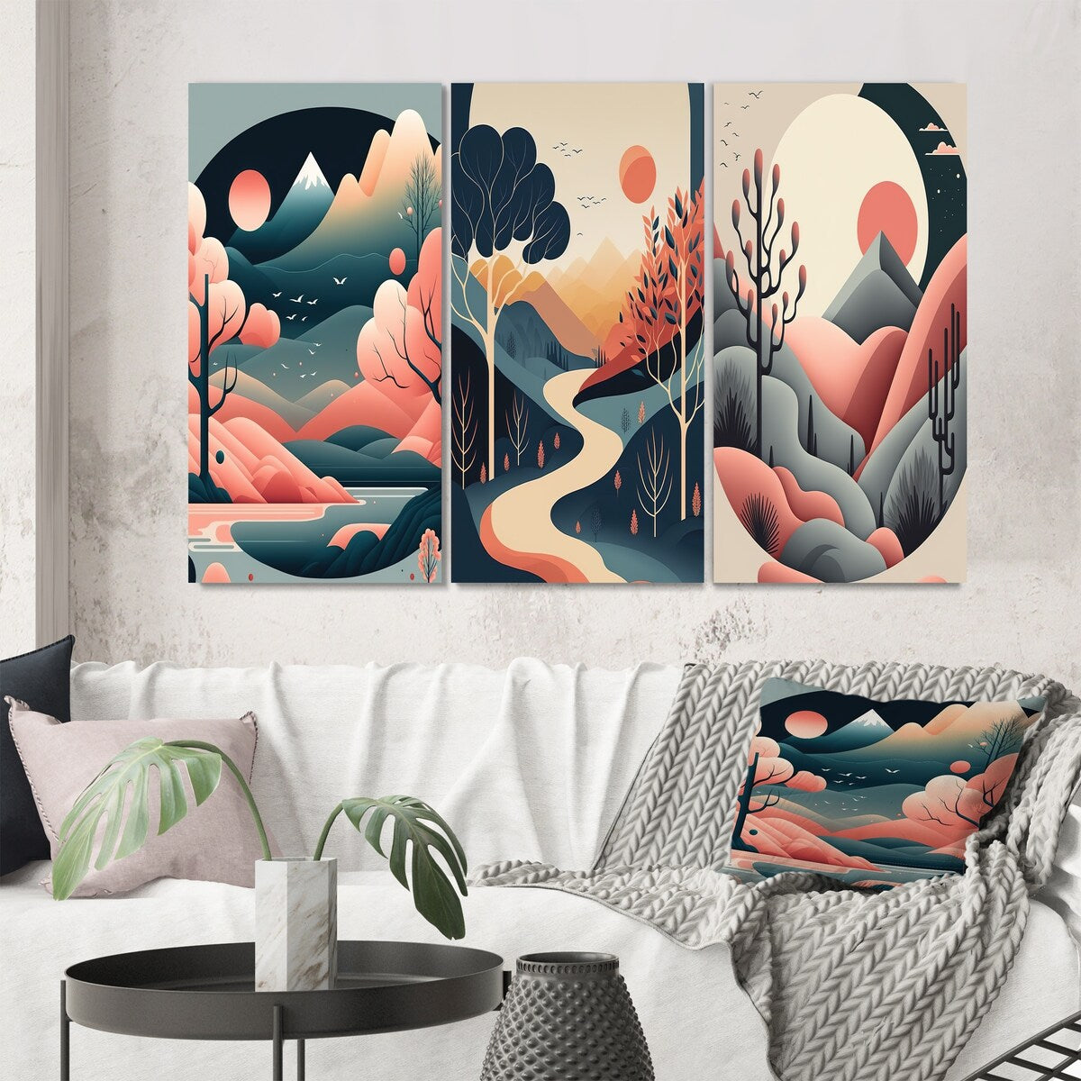 Designart "Full Red Moon Over The Mountains I" Landscape Mountains Yellow - Printed Art Set Of 3 For Bedroom