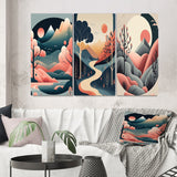 Designart "Full Red Moon Over The Mountains I" Landscape Mountains Yellow - Printed Art Set Of 3 For Bedroom