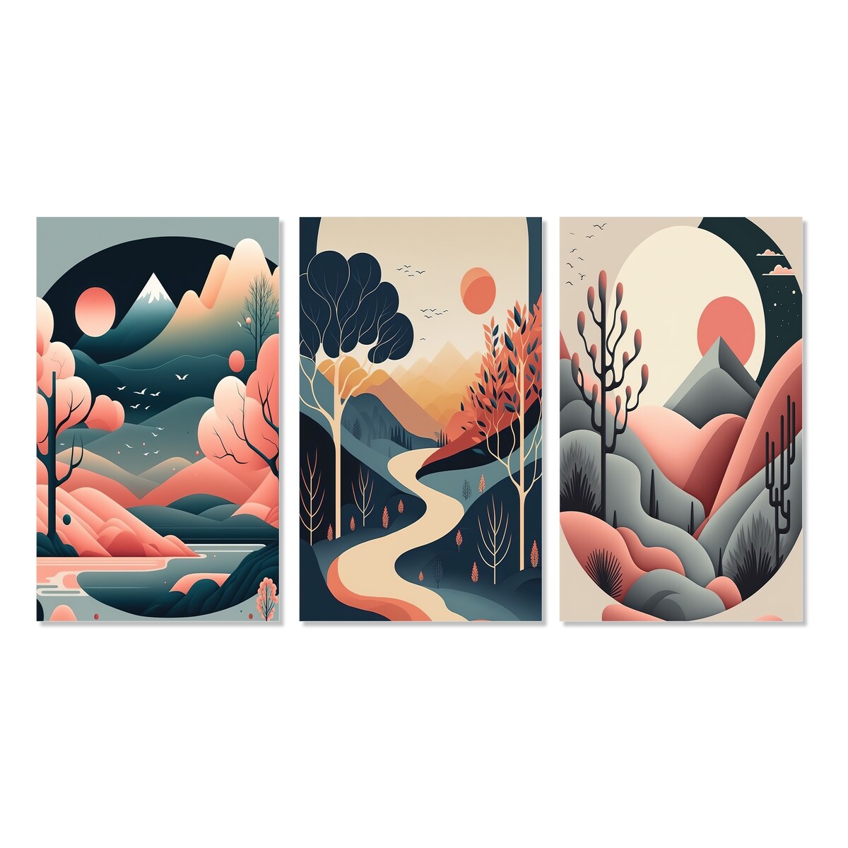 Designart "Full Red Moon Over The Mountains I" Landscape Mountains Yellow - Printed Art Set Of 3 For Bedroom