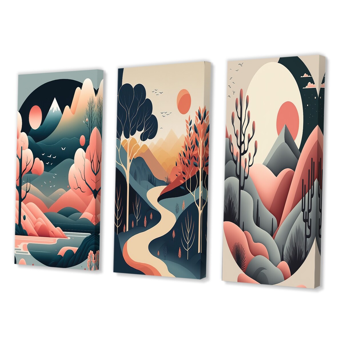 Designart "Full Red Moon Over The Mountains I" Landscape Mountains Yellow - Printed Art Set Of 3 For Bedroom