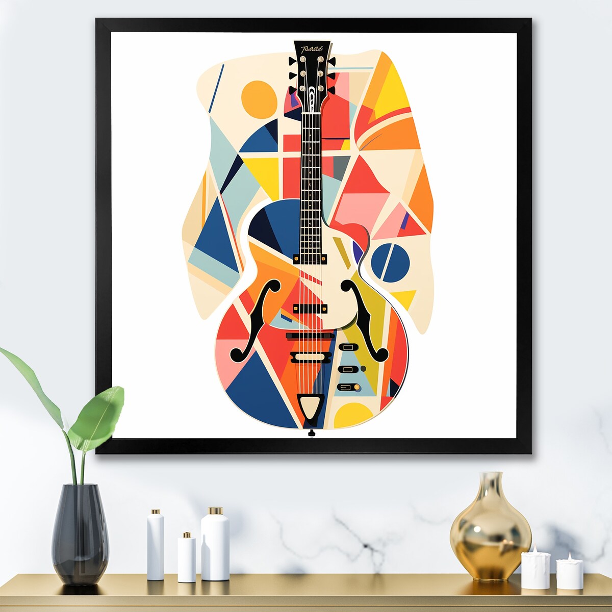 Designart "Funky Guitar Muse" Fruits Wall Decor Orange Traditional Entryway Framed Wall Art