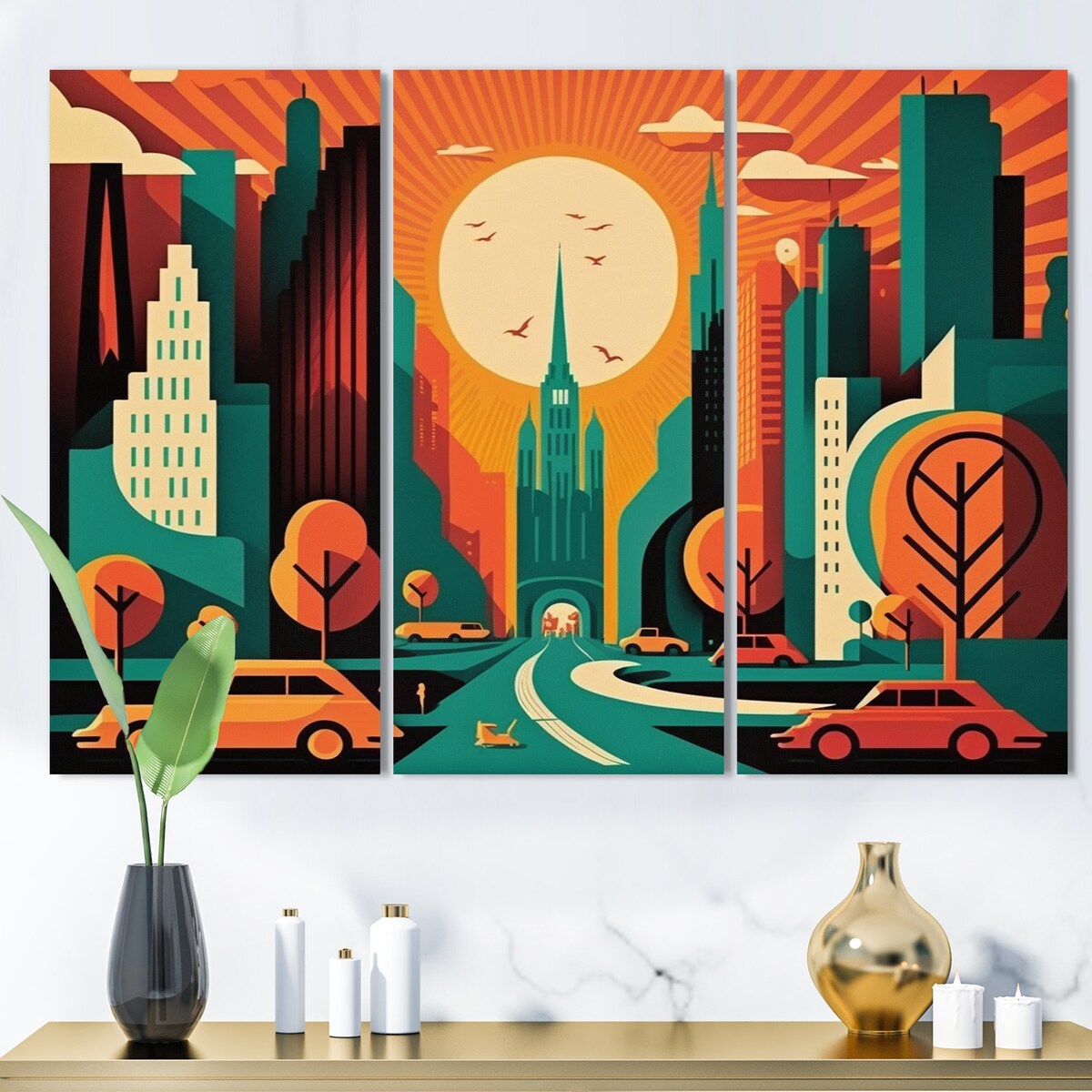 Designart "Futuristic Cityscape III" City Art Deco Canvas Art Print - 3 Panels